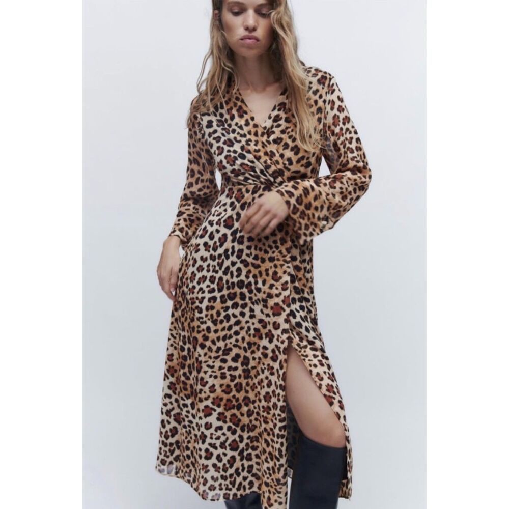 ZARA Leopard Print Surplice Lined Midi Dress, Sz L